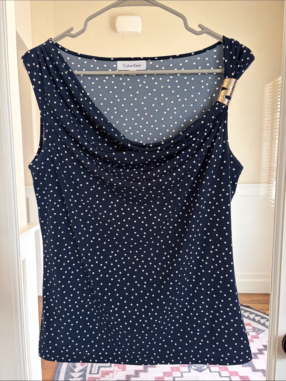Calvin Klein Navy and White Polka Dot Sleeveless Cowl Neck Tank with Gold Accent
